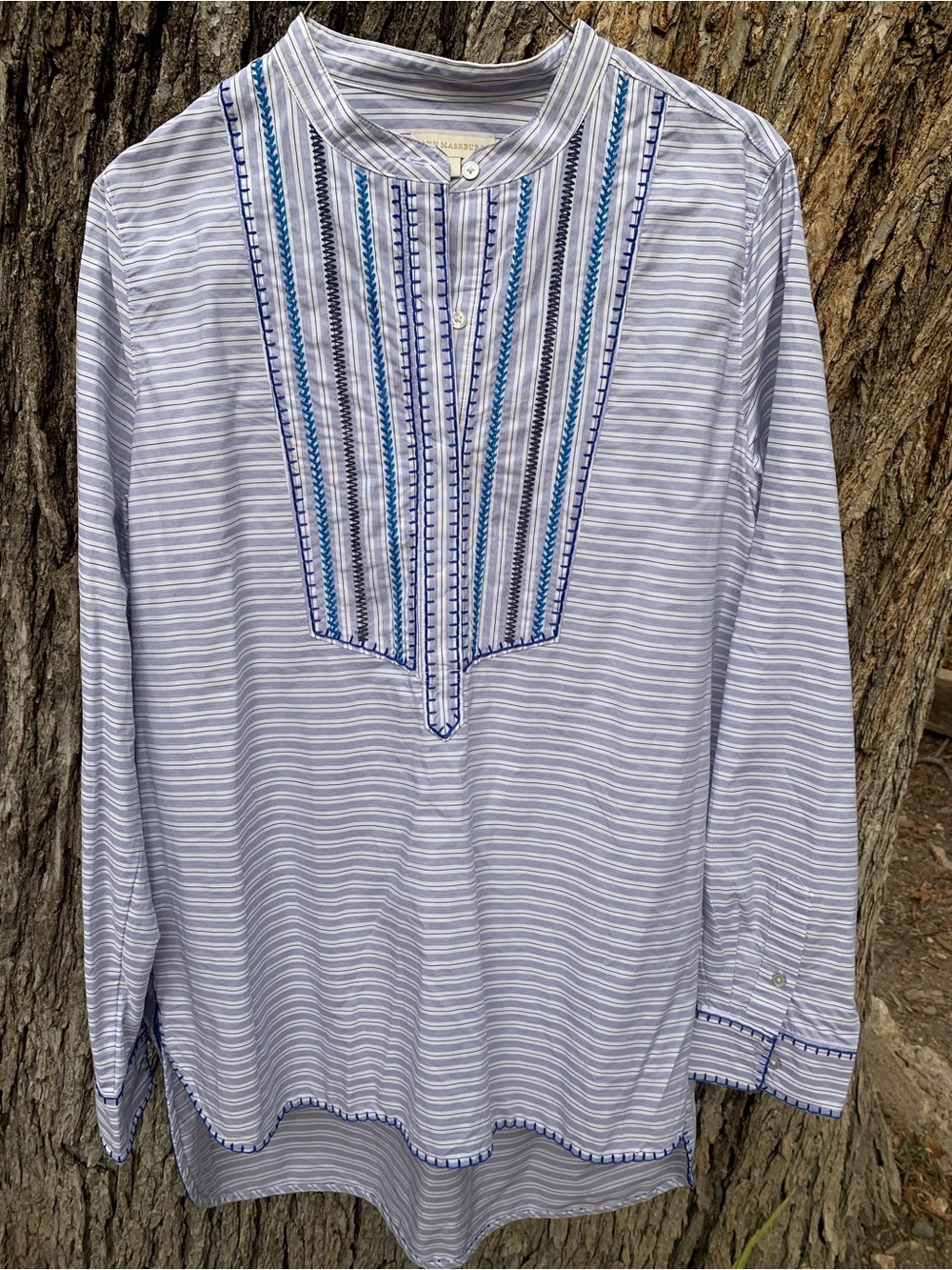Light Blue Striped Embroidered Men's Mandarin Shirt